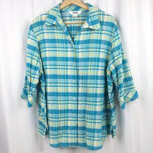 Alia Plaid Top Women's Plus Size 18W Blue 3/4 Sleeve Button Down Cotton Blend